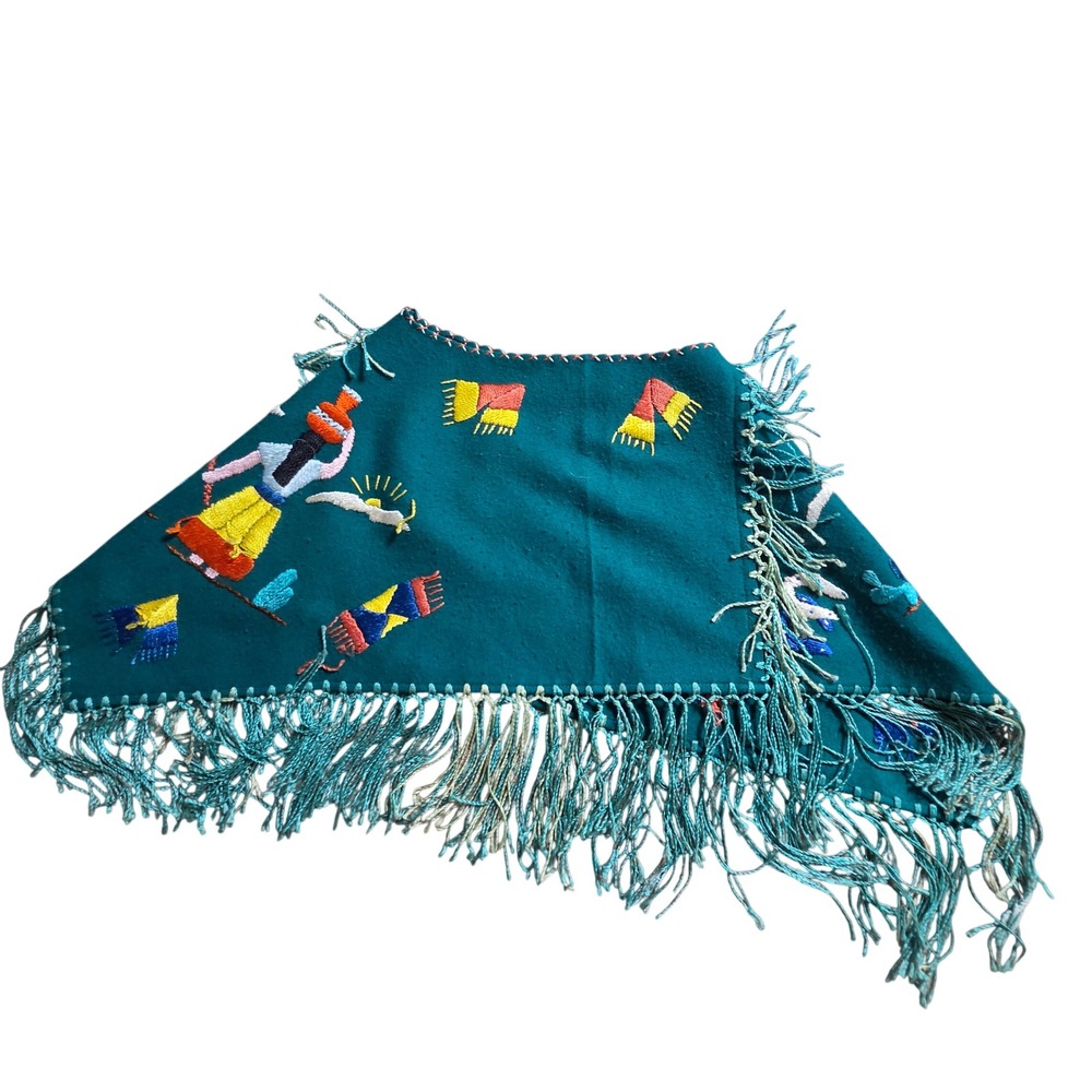 Vintage Mexican Wool Poncho Embroidered Fringe Southwest Folk Art Artisan Retro